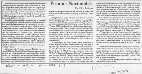 Presentación del libro Premios Nacionales de Literatura de Miguel Angel Díaz  [artículo] Alicia Enríquez.