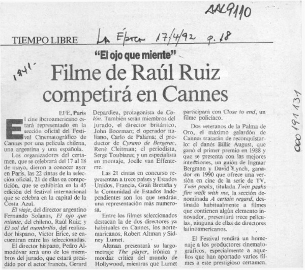 Filme de Raúl Ruiz competirá en Cannes  [artículo].