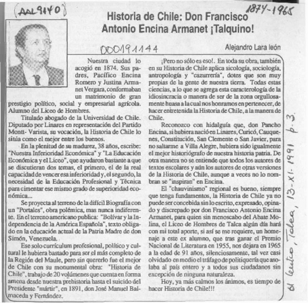 Historia de Chile, Don Francisco Antonio Encina Armanet, talquino!  [artículo] Alejandro Lara León.