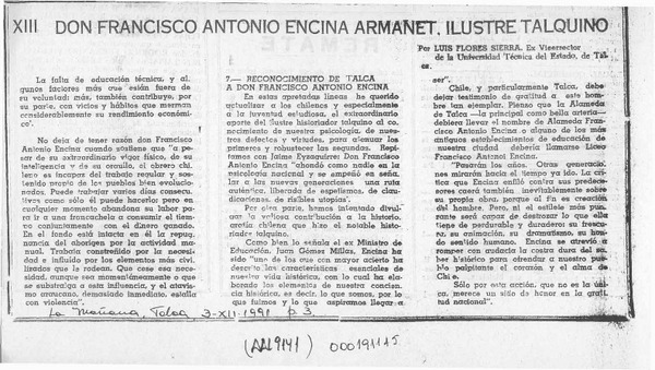 Don Francisco Antonio Encina Armanet, ilustre talquino  [artículo] Luis Flores Sierra.