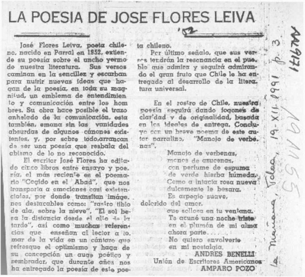 La poesía de José Flores Leiva  [artículo] Amparo Pozo.