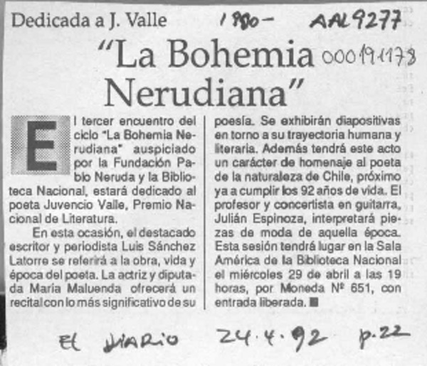 "La Bohemia nerudiana"  [artículo].