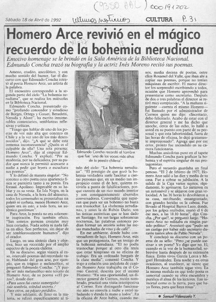 Homero Arce revivió en el mágico recuerdo de la bohemia nerudiana  [artículo] Samuel Valenzuela Y.