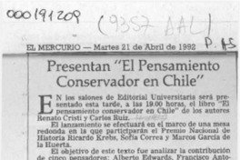 Presentan "El Pensamiento Conservador en Chile"  [artículo].
