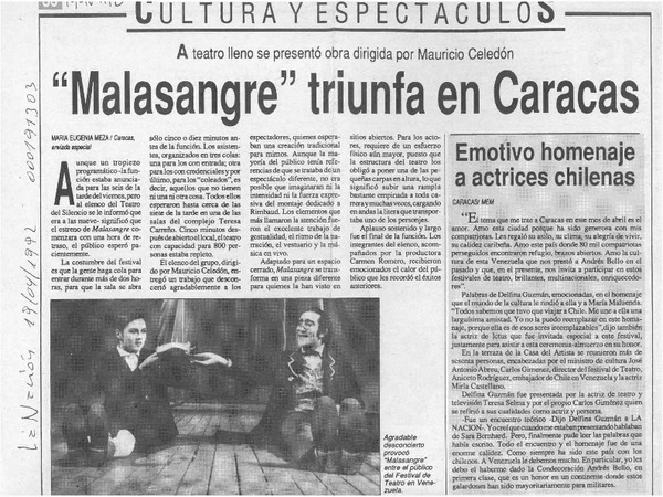 "Malasangre" triunfa en Caracas  [artículo] María Eugenia Meza.
