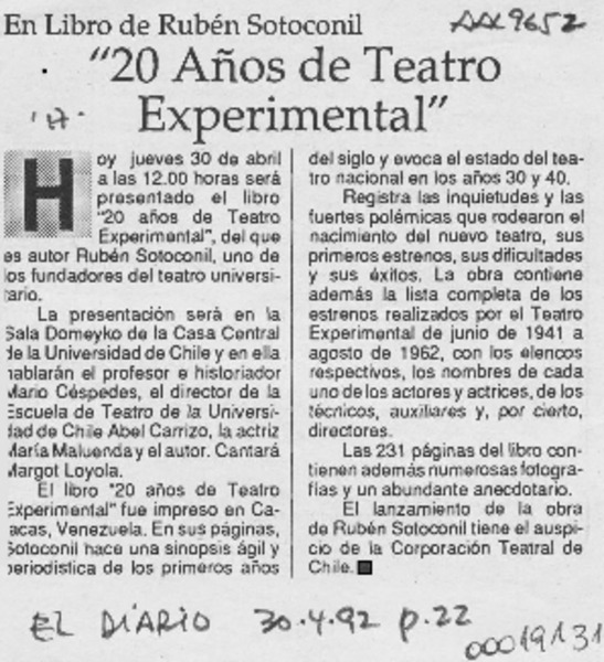 "20 años de Teatro Experimental"  [artículo].