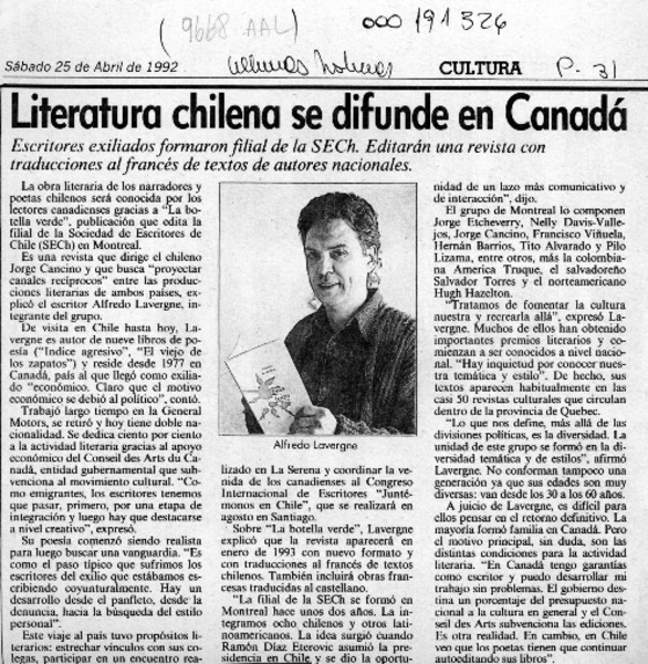 Literatura chilena se difunde en Canadá  [artículo].