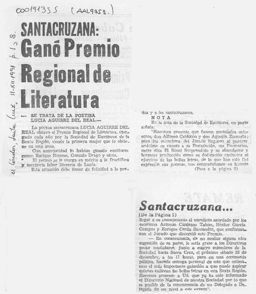 Santacruzana ganó Premio Regional de Literatura  [artículo].