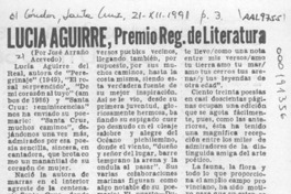 Lucía Aguirre, Premio Reg. de Literatura  [artículo] José Arraño Acevedo.