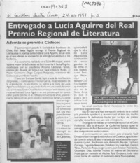 Entregado a Lucía Aguirre del Real Premio Regional de Literatura  [artículo].
