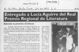 Entregado a Lucía Aguirre del Real Premio Regional de Literatura  [artículo].