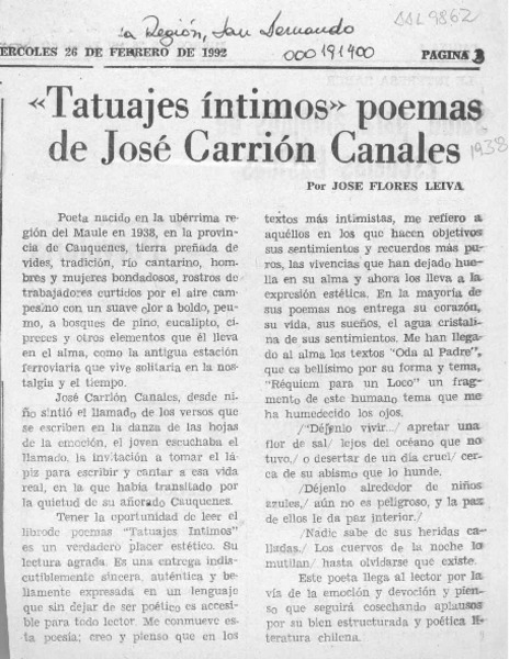 "Tatuajes íntimos" poemas de José Carrión Canales  j[artículo] José Flores Leibva.