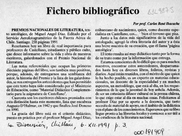 Fichero bibliográfico  [artículo] Carlos René Ibacache.