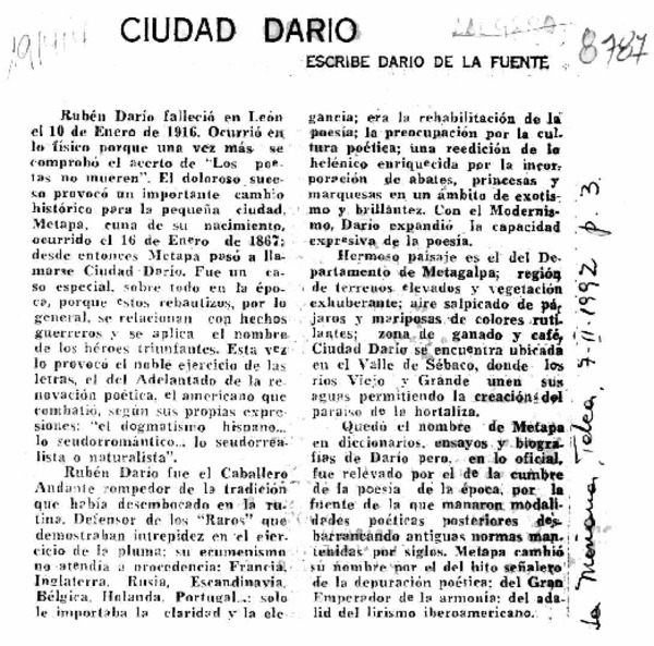 Ciudad Darío  [artículo] Darío de la Fuente.