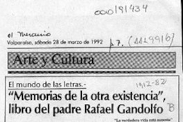 "Memorias de la otra existencia", libro del padre Rafael Gandolfo  [artículo] Carlos León Pezoa.