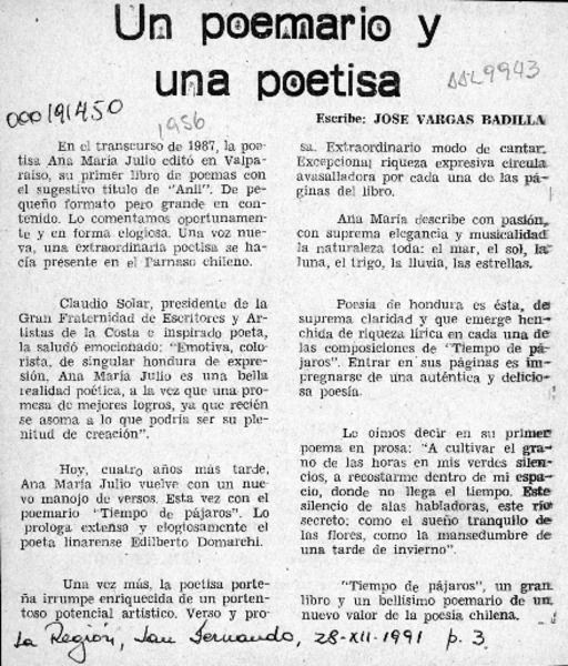 Un poemario y una poetisa  [artículo] José Vargas Badilla.