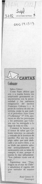 Coloane  [artículo] Raúl Gómez O.