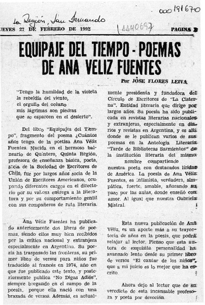 Equipaje del tiempo, poemas de Ana Véliz Fuentes  [artículo] José Flores Leiva.