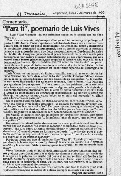 "Para tí", poemario de Luis Vives  [artículo] Magdiel Gutiérrez Pérez.