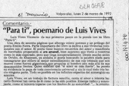 "Para tí", poemario de Luis Vives  [artículo] Magdiel Gutiérrez Pérez.