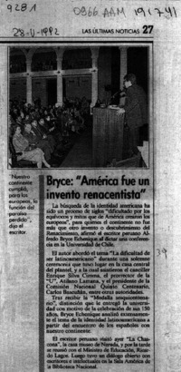 Bryce, "América fue un invento renacentista"  [artículo].