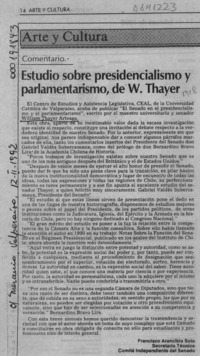 Estudio sobre presidencialismo y parlamentarismo, de W. Thayer  [artículo] Francisco Arancibia Soto.