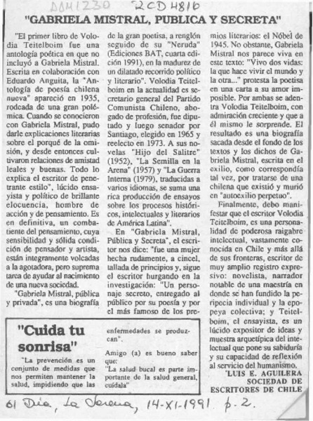 "Gabriela Mistral, pública y secreta"  [artículo] Luis E. Aguilera.