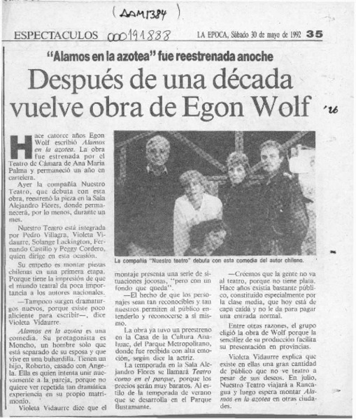 Después de una década vuelve obra de Egon Wolf  [artículo].