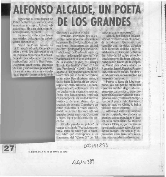 Alfonso Alcalde, un poeta de los grandes  [artículo].