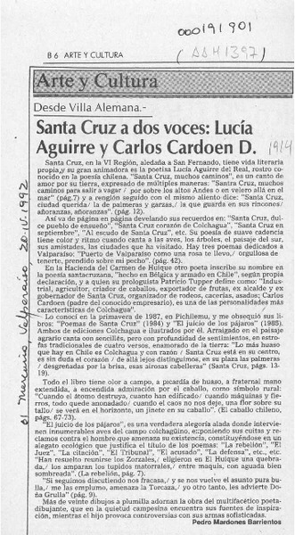 Santa Cruz a dos voces, Lucía Aguirre y Carlos Cardoen D.  [artículo] Pedro Mardones Barrientos.