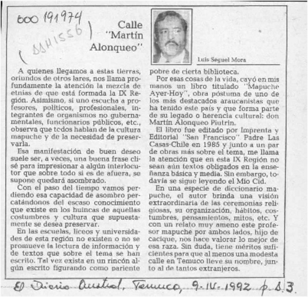Calle "Martín Alonqueo"  [artículo] Luis Seguel Mora.