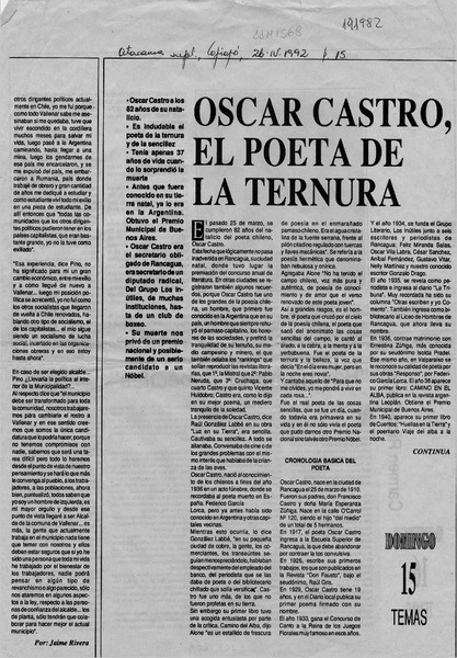 Oscar Castro, el poeta de la ternura  [artículo] Tussel Caballero.