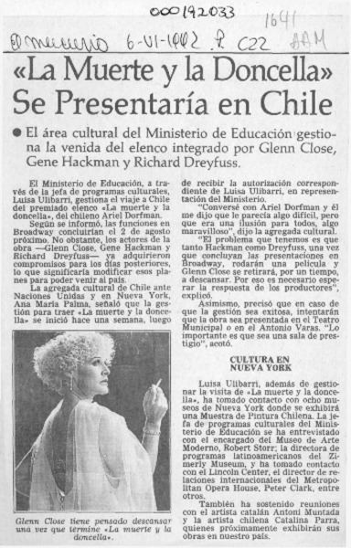 "La Muerte y la doncella" se presentaría en Chile  [artículo].
