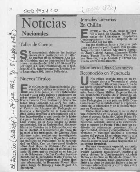 Humberto Díaz-Casanueva reconocido en Venezuela  [artículo].