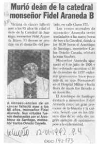 Murió deán de la catedral monseñor Fidel Araneda B.  [artículo].