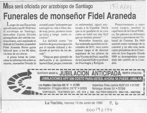 Funerales de monseñor Fidel Araneda  [artículo].