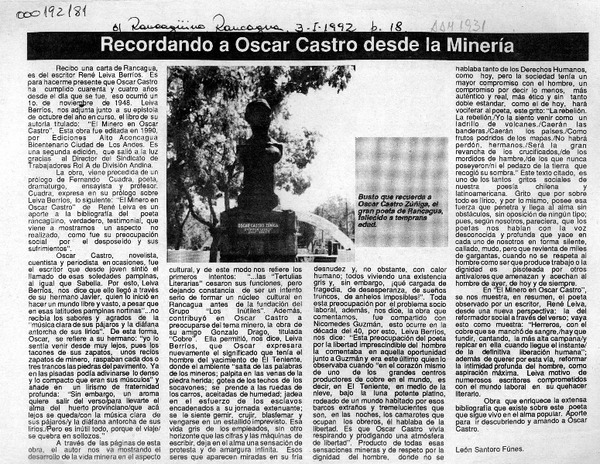 Recordando a Oscar Castro desde la minería  [artículo] León Santoro Funes.