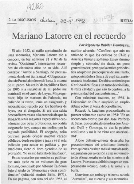 Mariano Latorre en el recuerdo  [artículo] Rigoberto Rubilar Domínguez.