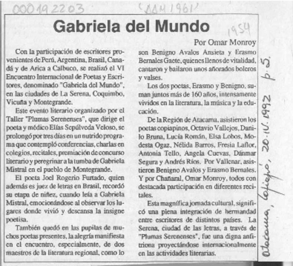 Gabriela del mundo  [artículo] Omar Monroy.