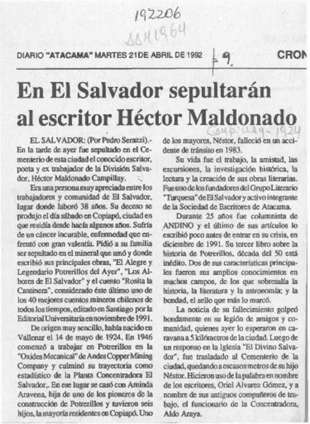 En El Salvador sepultarán al escritor Héctor Maldonado  [artículo] Pedro Serazzi.
