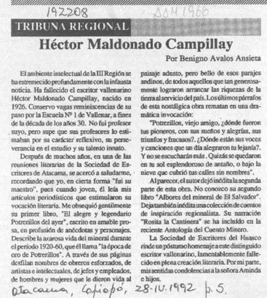 Héctor Maldonado Campillay  [artículo] Benigno Avalos Ansieta.