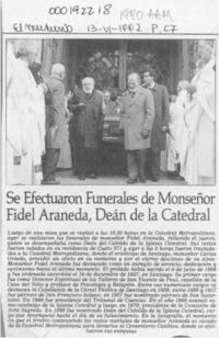 Se efectuaron funerales de Monseñor Fidel Araneda, Deán de la Catedral  [artículo].