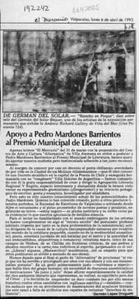 Apoyo a Pedro Mardones Barrientos al Premio Municipal de Literatura  [artículo] Germán López Droguett.