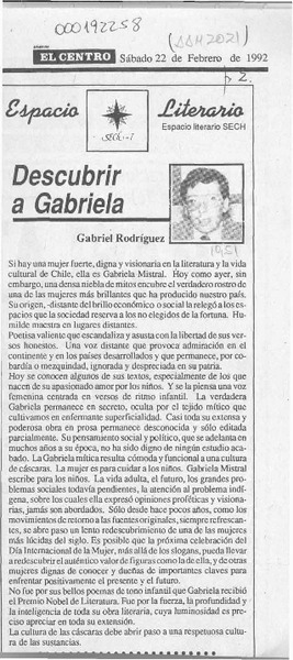 Descubrir a Gabriela  [artículo] Gabriel Rodríguez.