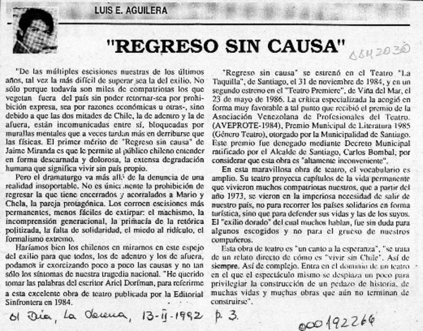 "Regreso sin causa"  [artículo] Luis E. Aguilera.