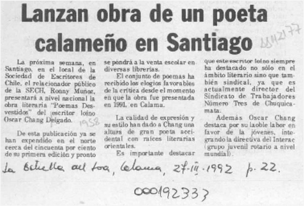 Lanzan obra de un poeta calameño en Santiago  [artículo].