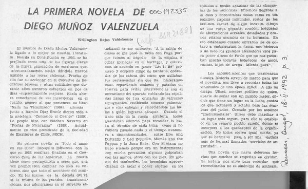 La primera novela de Diego Muñoz Valenzuela  [artículo] Wellington Rojas Valdebenito.