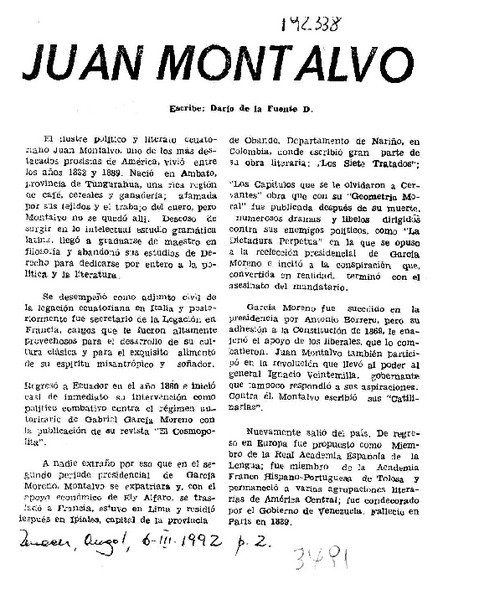 Juan Montalvo  [artículo] Darío de la Fuente D.