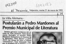 Postularán a Pedro Mardones al Premio Municipal de Literatura  [artículo].
