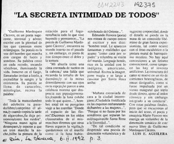 "La secreta intimidad de todos"  [artículo] Luis E. Aguilera.